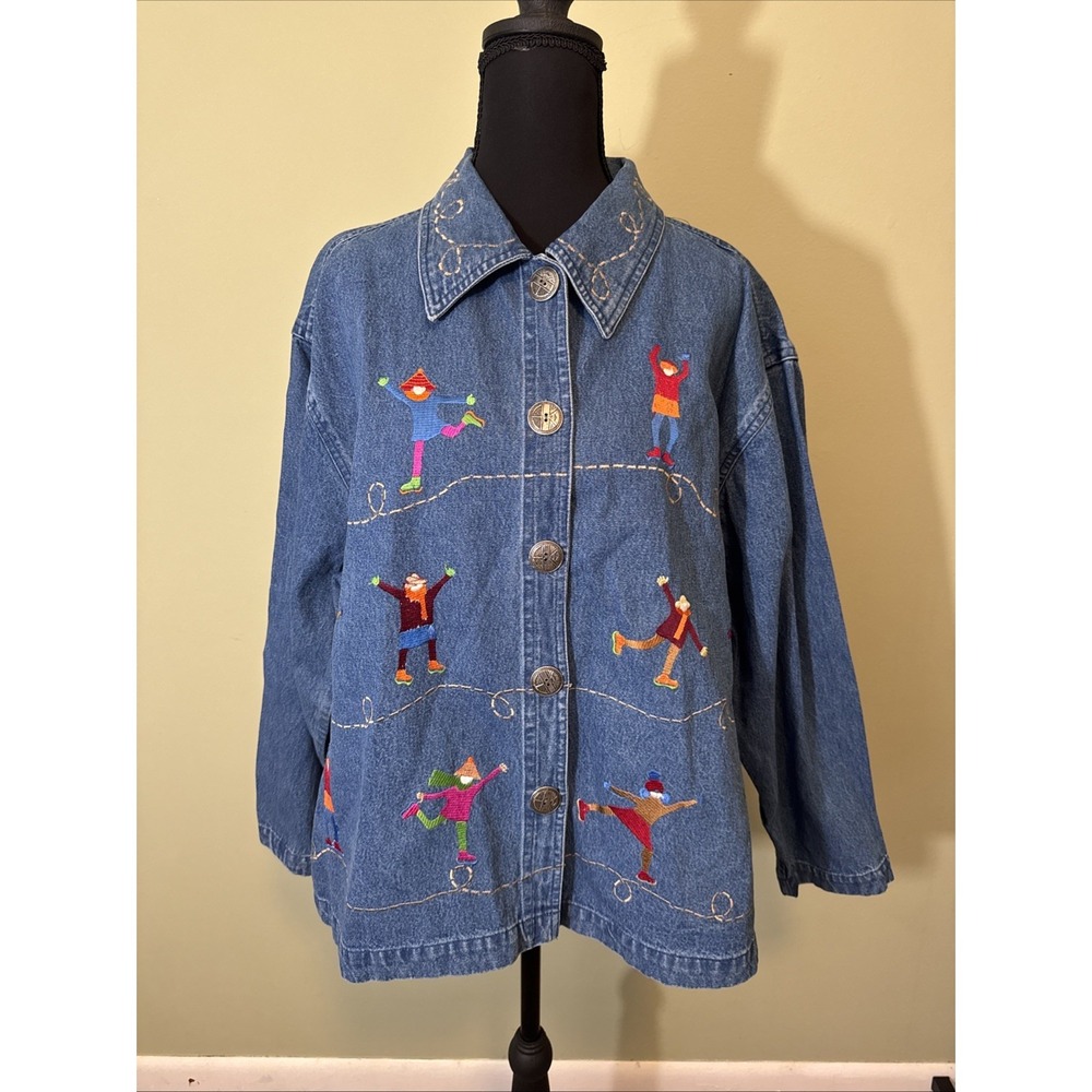 Vintage 90's Life Style Denim‎ Embroidered Jacket Shirt Ice Skaters Size 2XL NWT
